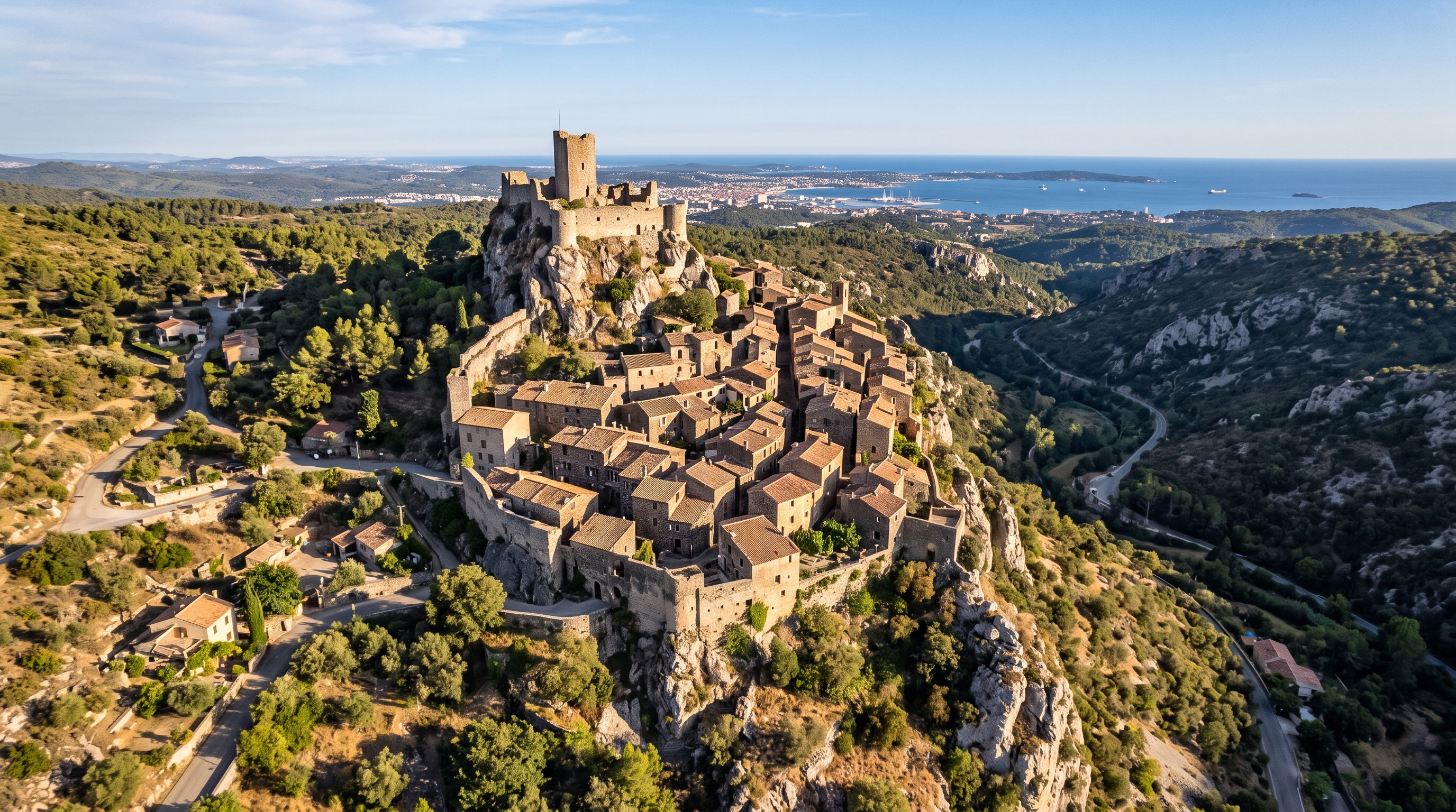 Vue aérienne du village perché d'Évenos avec son château fort dominant les gorges d'Ollioules et la baie de Toulon