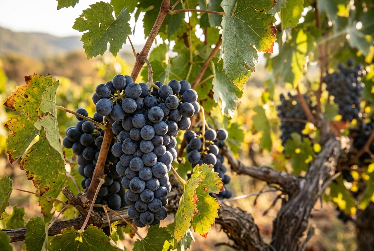 Raisins de raisin mourvèdre mûres sur la vigne (illustration)